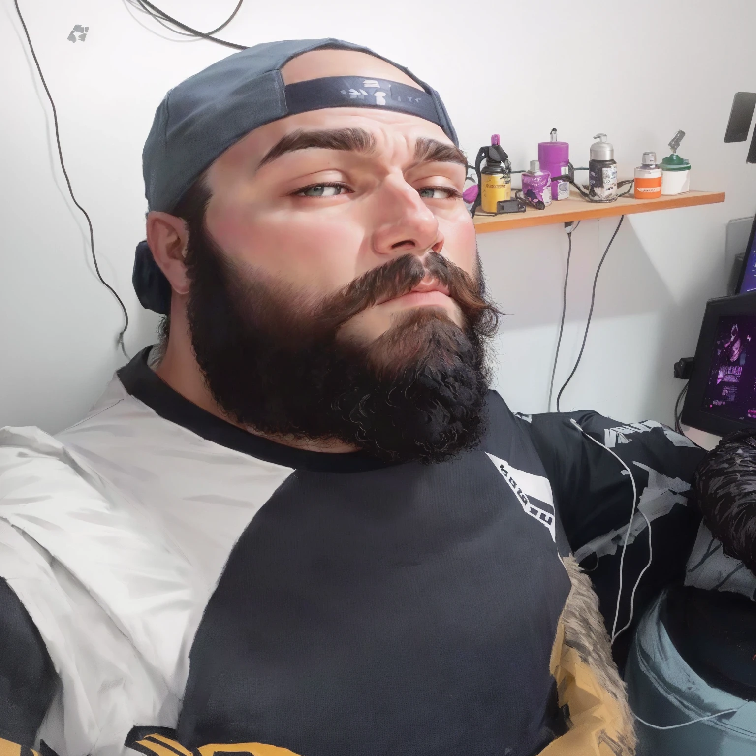 there is a man with a beard and a baseball cap sitting in front of a computer, Serpentina do Twitch / gamer ludwig, neck beard, very low quality image, full beard, Serpentina do Twitch, 8k selfie photograph, profile photo 1024px, low quality photo, thick, with a full black beard, reddit post, Thick beard