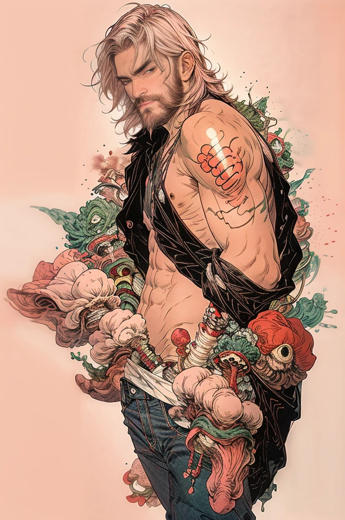 best quality,masterpiece,Ultra-high resolution,1 handsome sexy topless man wears pants,looking at the audience,one,Yamamoto Takashi style, dynamic pink mushrooms Full of slime and poisonous powder,(( simple pink background)),pink_background,,Cold-blooded man with short beard,pink hair,,tough guy style,Ice cooler,tattoo
