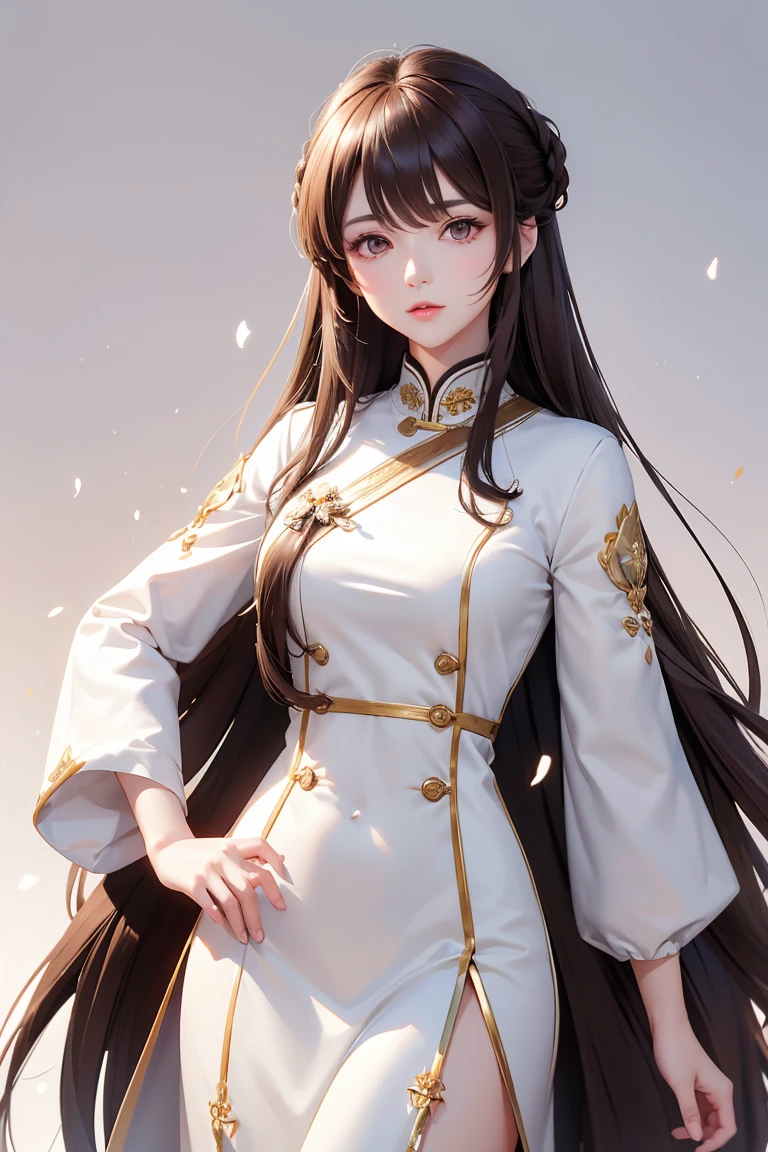 Masterpiece, Best quality, 1 Female, Mature Woman, Elder Sister, young girl, Royal Sister, brown eyes, long hair, smoky mix brown color hair, resolute eyes, white uniform, long white eardrop, Chinese mix morden, frontal photo, blank background, remove background, anime, illustration