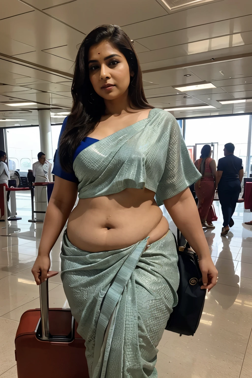indian hot aunty, middle age, as a air hostess, at air port, wearing a sexy saree, big , curvy body, chubby, cute face