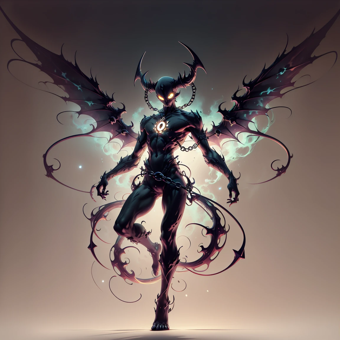 DEMON, skullhead, a scary angel with wings, the demon has a necklace of small skulls connected to his neck, vector illustration