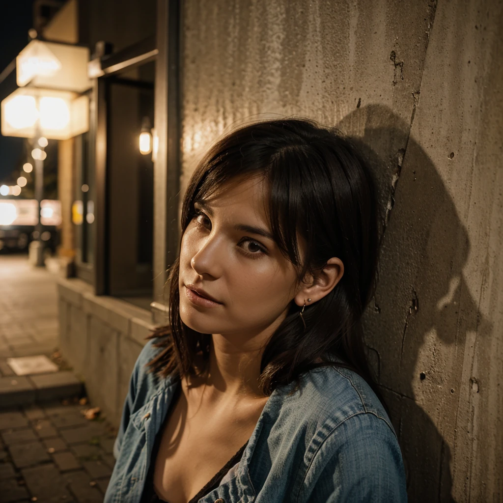 A woman at night with her ear against the wall listening to her neighbors