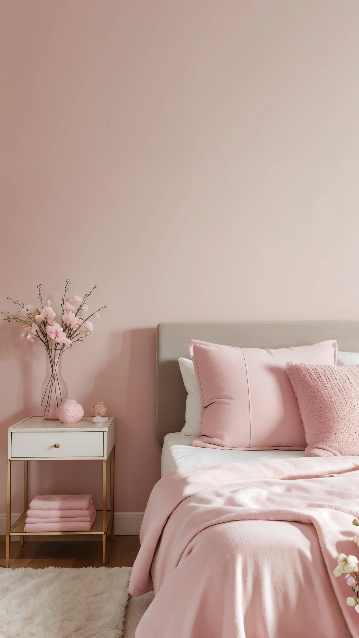 Capture the essence of soft pink aesthetics with a mood board featuring four harmonious images.A close-up of dusty pink cozy aesthetic room exuding warmth and comfort.A fresh bouquet of delicate pink tulips wrapped in clear cellophane, held outdoors on a sunny day, evoking a senseof illustrating a trendy and casual look.A cozy bedroom scene with a plush pink cat pillow on a neatly made bed, complemented by a pot of pink flowers on a bedside table, creating an inviting and serene atmosphere.Describe the mood, colors, and textures that tie these images together, emphasizing the soft, pastel pink theme that brings a sense of calm and sweetness to each scene."
