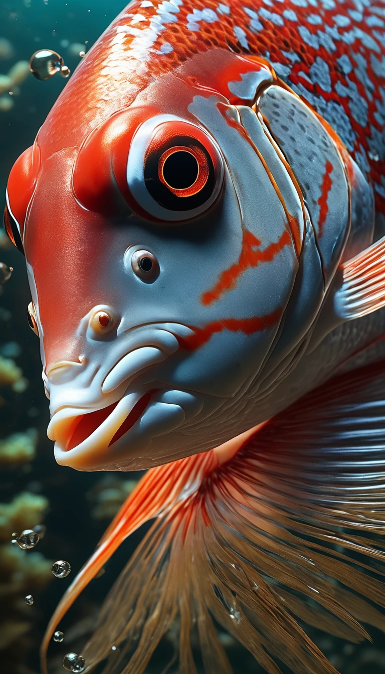 Panorama，河里有一种Mysterious Creatures：Red fish body，Fish head looks like a human face，Mysterious Creatures, shrike, (best quality，4K，8K，High level，masterpiece：1.2），Ultra Detailed，（lifelike，Photo real，Photo real：1.37），Highly detailed animals，Complex patterns，Realistic lighting，Fantasy Creatures