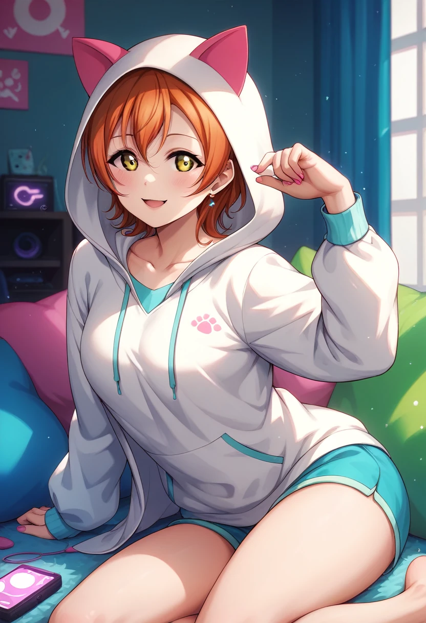 Masterpiece, sksrin, beautiful , facial details, detailed body part details, 8k wallpaper, Rin Hoshizora Love Live, short hair, wearing open hoodie, white hoodie,hood up,cat ears, thighs,gamer room