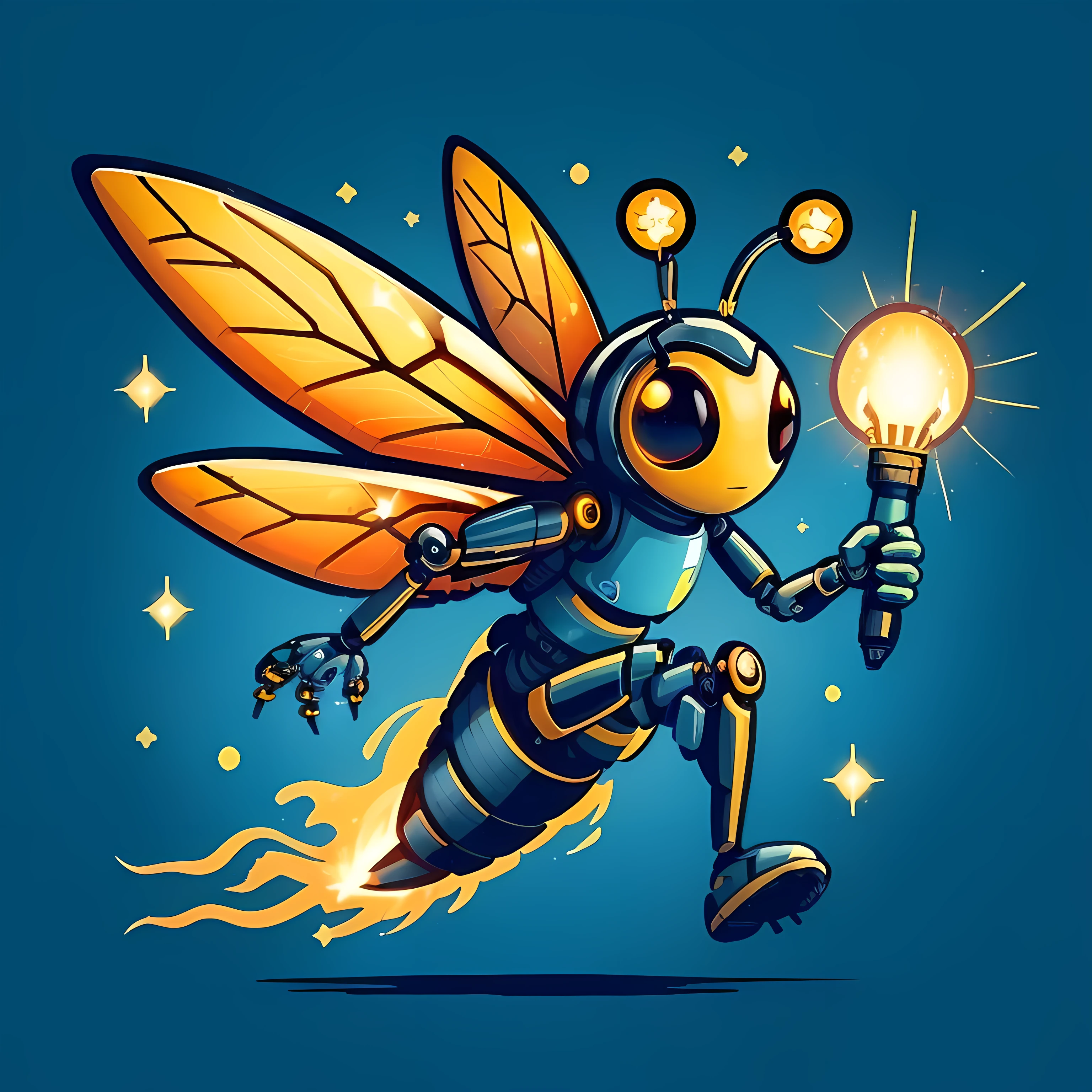 cartoon bee with torch in hand and stars in the background, firefly, cyberpunk bee, fireflies flying, biopunk cyborg wasp, space insect android, firefly trails, friendly humanoid insect robot, cyborg wasp, fire flies, insectoid, fireflies!!, some fireflies, glowing firebugs, fireflies!!!!, glowing fireflies, fireflies
