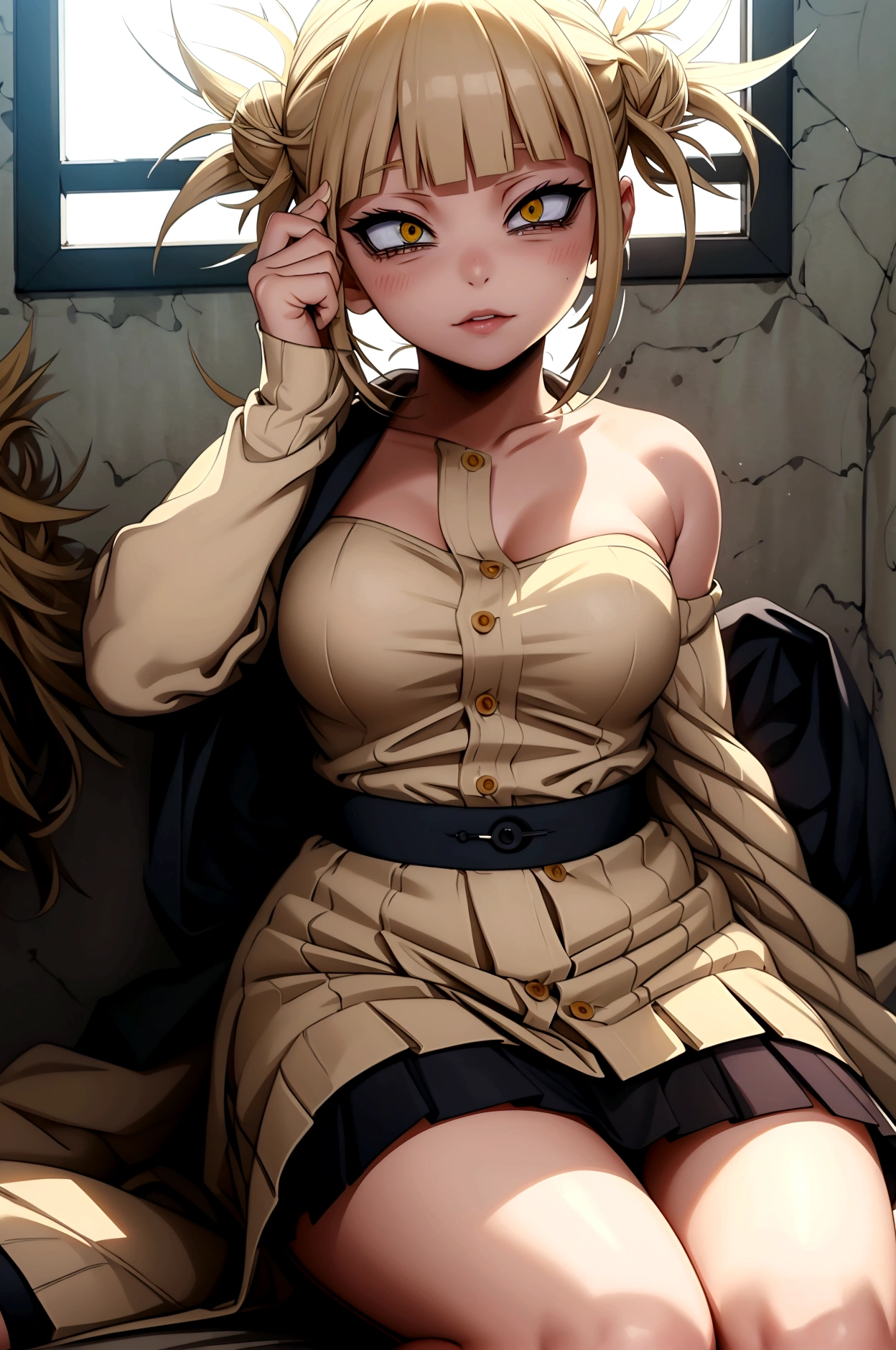 Himiko toga ,\(my hero academia\),my hero academia,picture perfect,eyes perfect ophimiko toga\(my hero academia\),my hero academia,perfect picture,perfect eyes,Short blond hair with two messy pulps in the hair and yellow eyes with cat pupils,  wearing strapless dress, with straight pencil skirt, very sensual, 