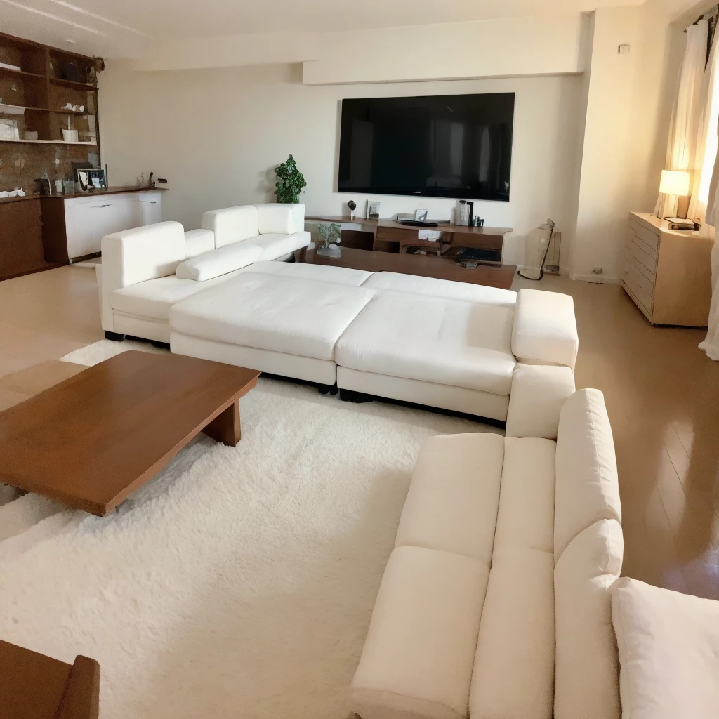 living room, ultra-modern design, minimalism, in black and white gray colors, maximally detailed, Highest resolution, exemplary masterpiece. Design technology - built-in furniture, no free-standing cabinet furniture, all cabinets are walls. In the center of the room is an ultra-modern soft complex made of environmental materials consisting of a three-seater sofa , two-seater sofa, pairs of chairs, everything in the same style and design, stand in a semicircle, in the center of which there is a glass table with a modern coffee service. Freshly brewed coffee poured into cups. Against the soft composite wall-TV, where there is a program about living wildlife. The room has two windows with low wide window sills, on which lie soft mattresses, window sills are used as additional places for sitting and relaxing. At the end of the evening, beautiful sunset. Mountains and forest in the distance, there is a river in front of them.