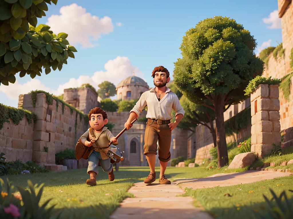 Detalhes do Personagem e Ambiente para Criação de Imagens disney pixar style
Personagem:

name: Davi, the Shepherd King Description: David is one of the most iconic characters in the Bible. Starting out as a young pastor, he is known for defeating the giant Goliath and eventually becoming king of Israel. David is brave, talented in music and poetry, and deeply devoted to God.
Physical characteristics:
kor: adolescent (during the battle with Goliath) or young adult (like king)
Height: cerca de 1,75 meters Physical construction: Strong and athletic, but with a young and vibrant appearance.
eyecolor: Light Brown Hair: Dark Brown and Curly Outfit: Simple shepherd&#39;s robe or royal clothing with a crown Ambience:

location: Vale of Elá (to the battle scene) ou Jerusalem (for a real scene)
Scenario details:
Vale of Elá: An open field with hills in the background, stones on the ground, soldiers on both sides watching, and Goliath in the background.
Jerusalem: A luxurious palace with stone columns, decorated rugs, Royal Throne, and views of the city in the background.
Style and Quality Artistic style: disney pixar style, with exaggerated features, swirly vibrant colors, and expressive details.
Paleta de cores: Variety of vivid and saturated colors, with earthy tones for battle and royal and majestic tones for the palace.
resolution: 4K ou superior, with high definition and clarity.
Proportions and anatomy: Stylized proportions characteristic of the Disney Pixar style, focusing on expressiveness and charm.
Texture and Details: Detailed textures on clothes, Skinned, body hair, and environment, with attention to specific elements of each scenario.
Final Instructions Each image must capture the essence of David and the environment, showing an immersive and magical scene. David&#39;s facial expression and posture should convey his courage, determination and devotion, while the setting must complement and enrich the visual narrative.