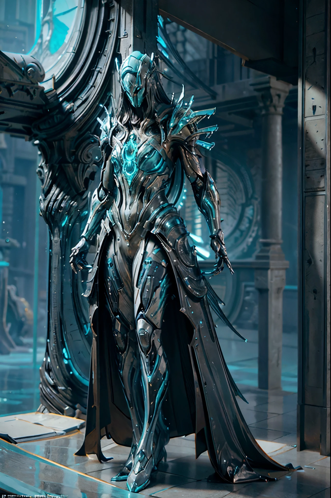 futuristic, Warframe, character design, water-inspired, fluid, sleek, metallic, aquamarine color scheme, rippling textures, biomechanical elements, glowing accents, intricate details, dynamic pose, underwater environment, bubbles, reflections, high-tech, cybernetic, agile, powerful, energy effects, hydrodynamic, ethereal, otherworldly, advanced technology