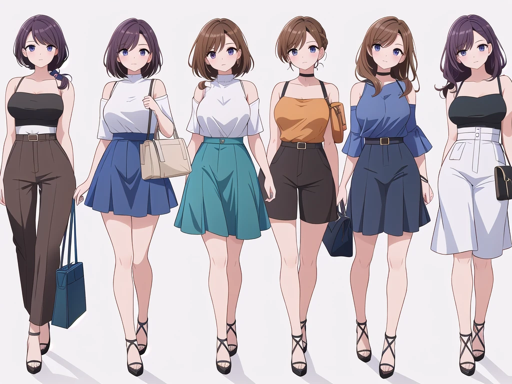(((Best Quality))) , ((full body)), 4 lady, adult woman, multiple views, (((white background,))) variety of hairstyles, variety of fashion styles, seductive pose, fashionable and trendy atmosphere, holding bag, walk pose, dark blue/dark orange/dark green/dark violet/brown/white, short pants, bare shoulder, arm pit,