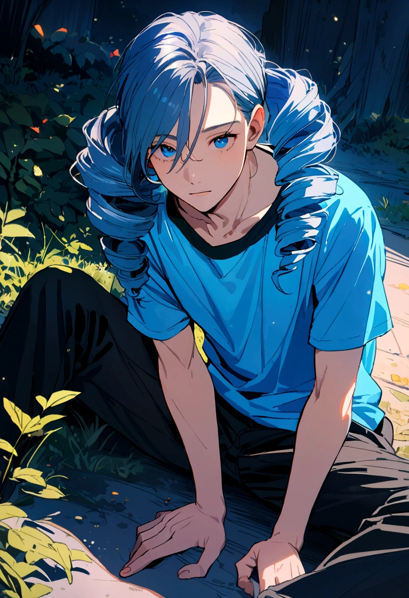 29 years old boy , pretty, Drill hair with electric blue color tshirt and black trousers, sitting on the ground