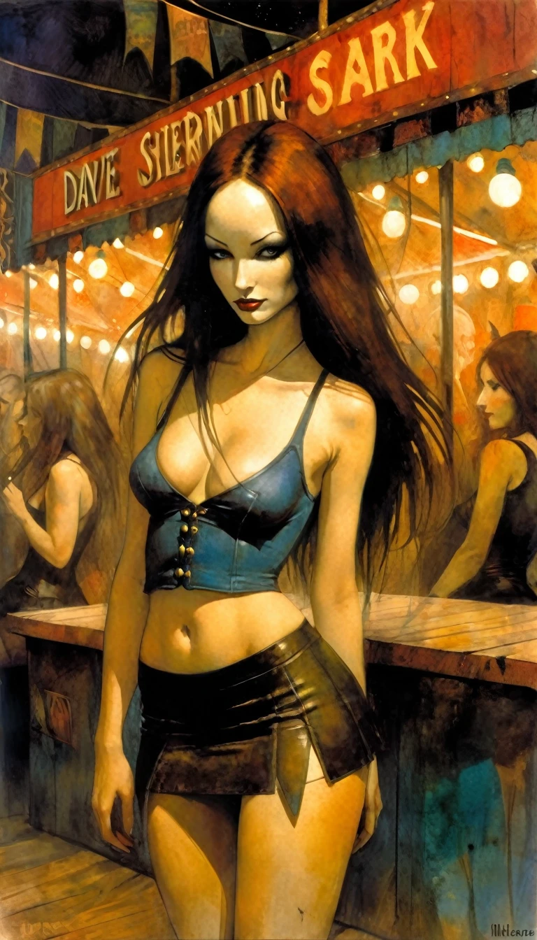 the y girl at the fair, long hair, small breight miniskirt, cleavage, y, lascivious,( inspired by Dave mcKean and Bill Sienkiewicz ). oil painting)