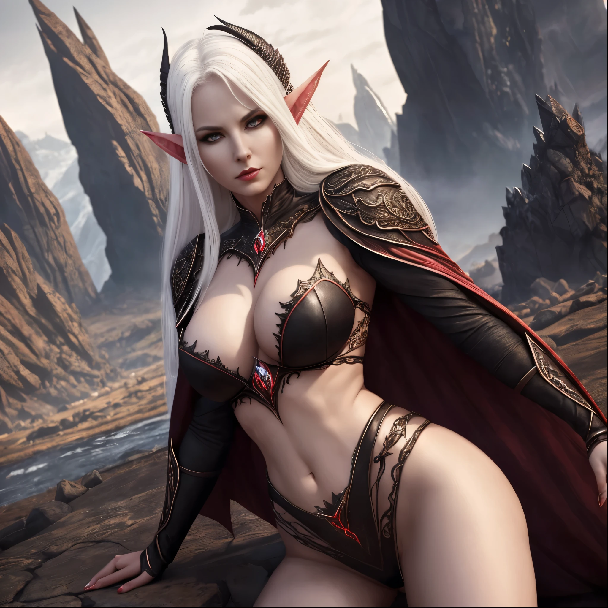 hellish elf woman, sensuous, skin fair, natta, tenebrosa, Linda, white hair, Eyes red, black leagwear, sheen, hyper realist, conceptual artwork, Mediovale, epic, fancy, princesselise, warrioress, forst, mountainscape, 2.5d cgi
