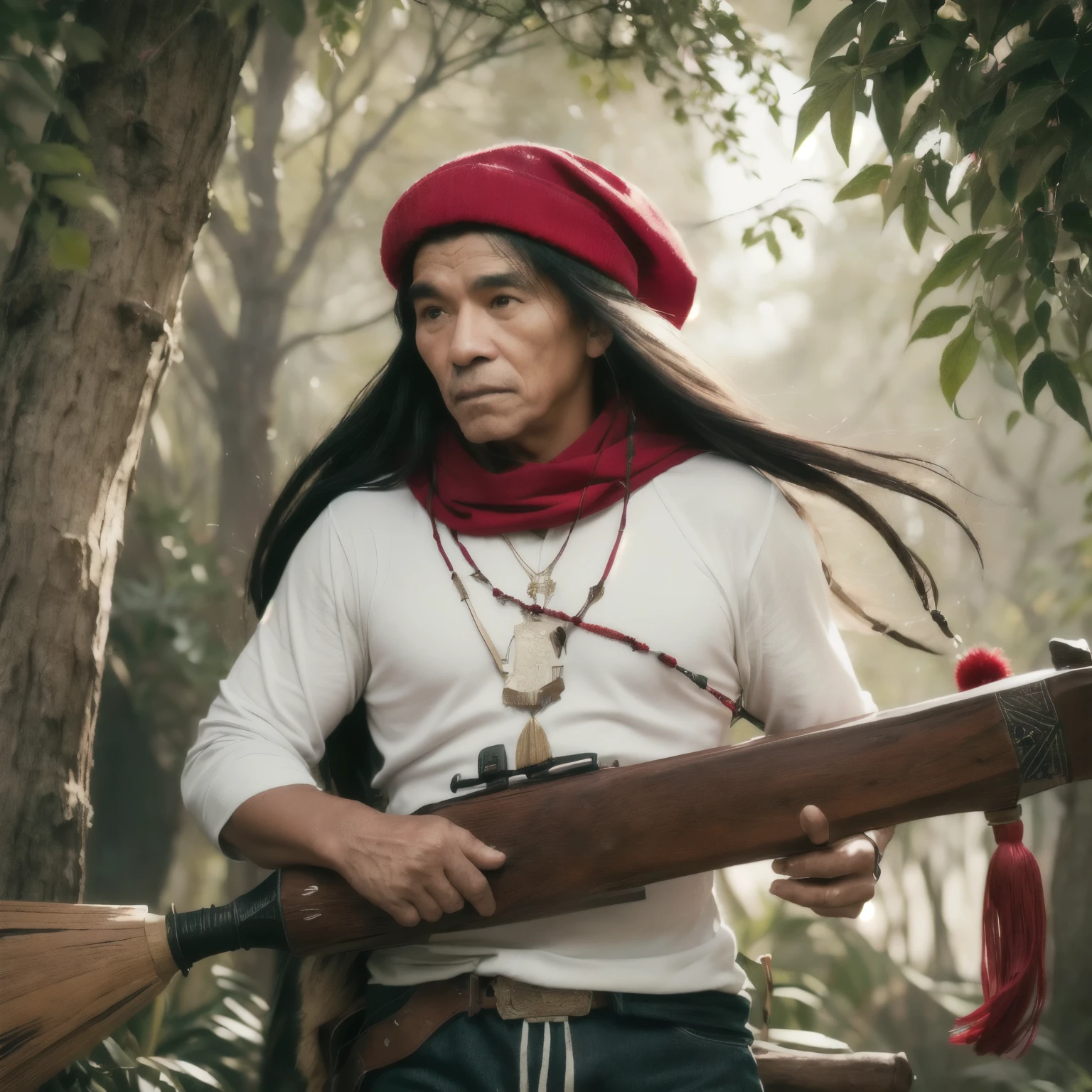 Cool of a man with a red hat and a red scarf, goauche cool, macuahuitl, historical image, john jude palencar, kuntilanak on bayan tree, kahikatea, indigenous, indigenous man, inspired by Balázs Diószegi, pacal votan, leaked image realistic