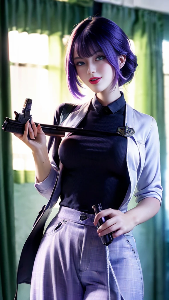 ((masterpiece)), ((best quality)), ((high resolution)), 1 Girl, Solitary, police officer, (matching pants, casual pants), City background, (Holding and aiming a pistol, Detailed handgun, Glock 22, Trigger discipline), permanent, Medium Length Hair, (Purple Hair, Double tail), (Green Eyes),