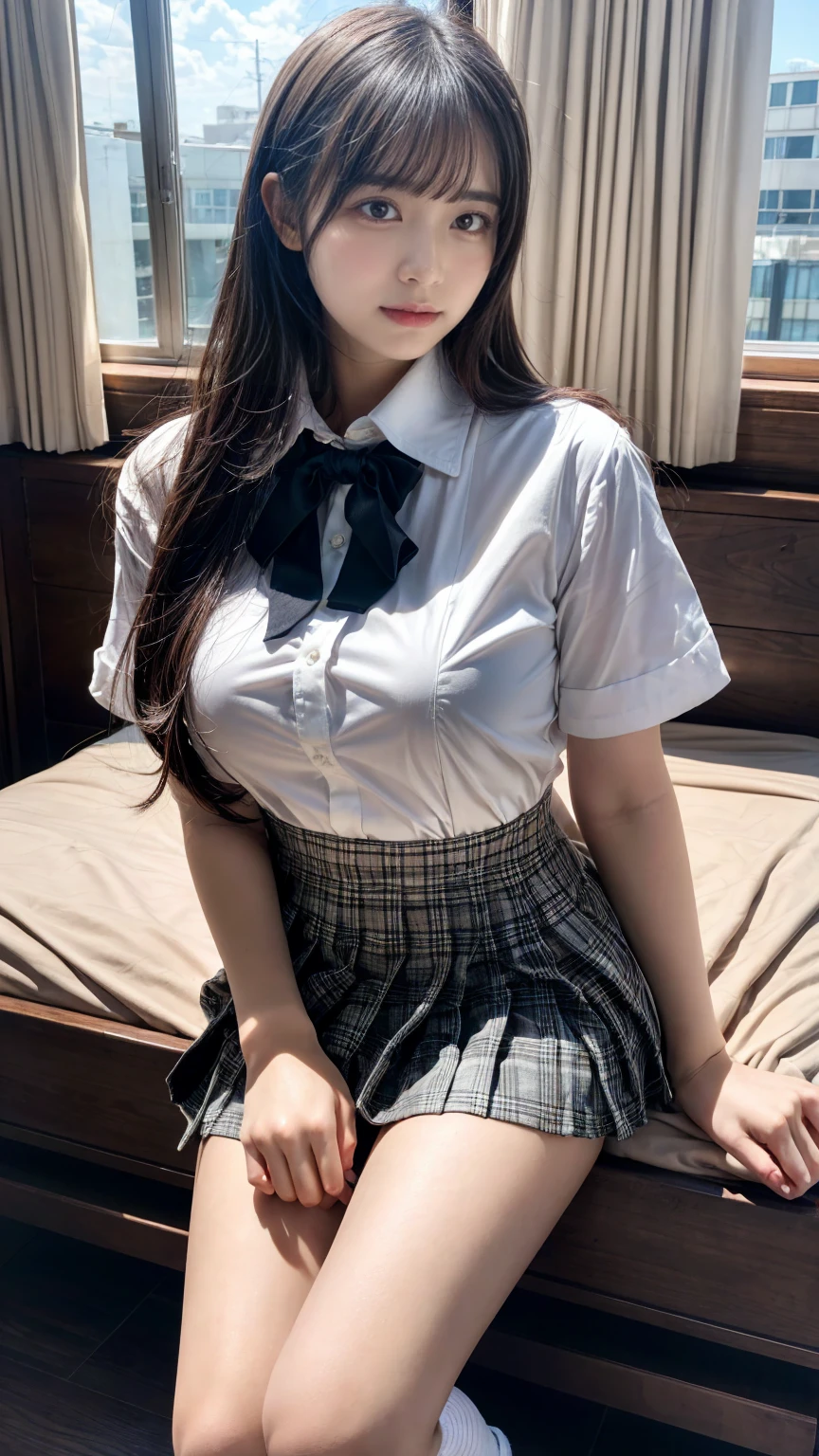 (8K, RAW Photos, Highest quality, masterpiece:1.2), (professional photography, full colors, studio-caliber color grading), (Gravure quality for high-end fashion magazines), BREAK,18 year old girl, (boyish:1.15), (mannish:1.1), Big Natural Color Lip, Plumpy body, (smooth skin:1.1), (huge breasts:1.0), BREAK (school uniform:1.2), ((loose style, tucked out tops):1.2), (fusion of oversized white tunic and white collared-shirt with untucked:1.4), (short sleeve:1.3), (button-up:1.4), (black and gray plaid pattern pleated mini skirt:1.2), (thigh skin:1.4), (socks:1.2), (loafers:1.1), BREAK hotel room