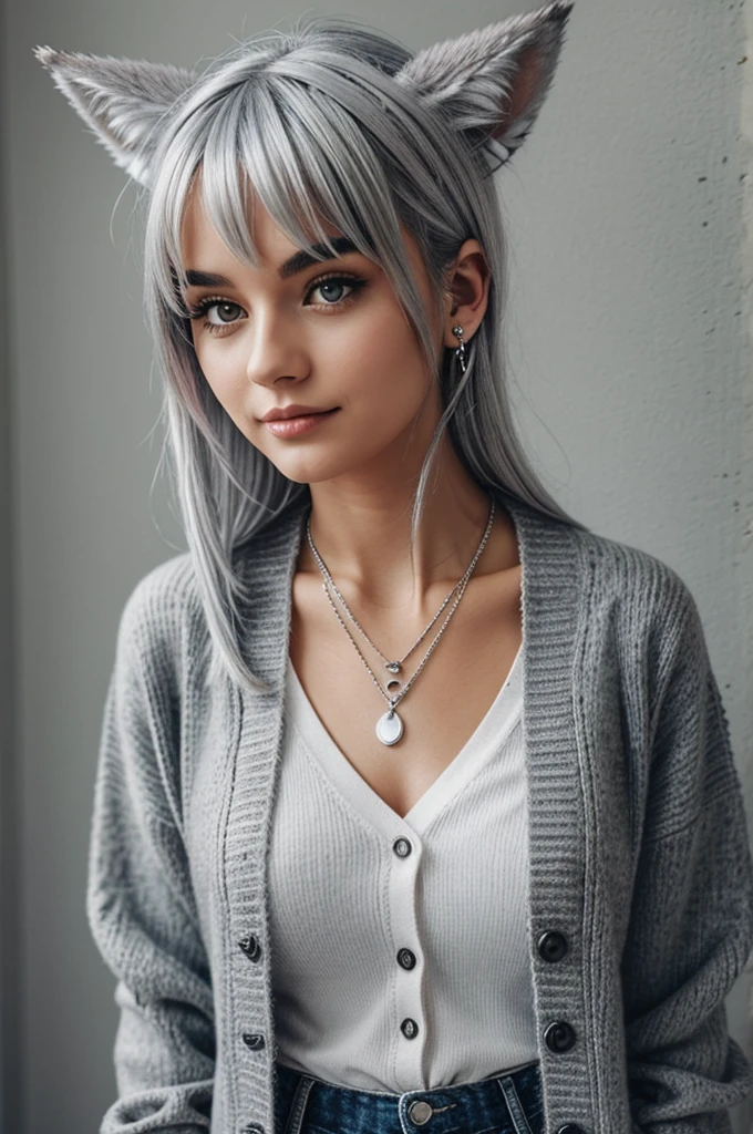 A girl with silver hair and wolf ears wearing a moon necklace and buttoned up grey cardigan