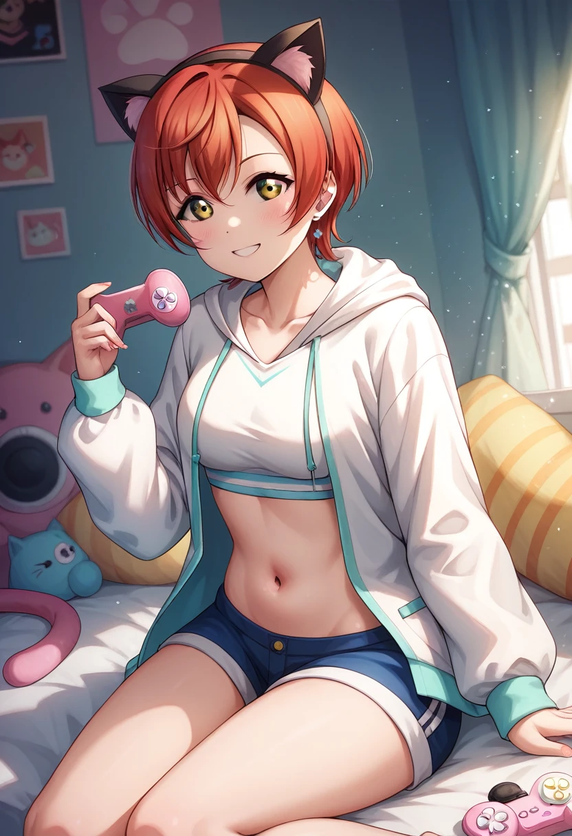 Masterpiece, sksrin, beautiful , facial details, detailed body part details, 8k wallpaper, Rin Hoshizora Love Live, short hair, wearing open hoodie, white hoodie,hood up,cat ears, thighs,gamer room,navel bottomless 