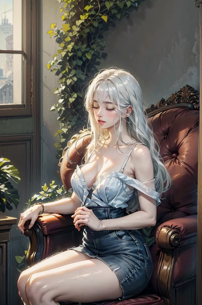 ((Best quality)), ((masterpiece)), (detailed), ((perfect face)), ((halfbody)) 1 boy white hair sitting on a sofa shirtless wearing jeans kissing 1 girl sitting on his lap with long black hair wearing a bra and mini skirt eyes closed, kissing