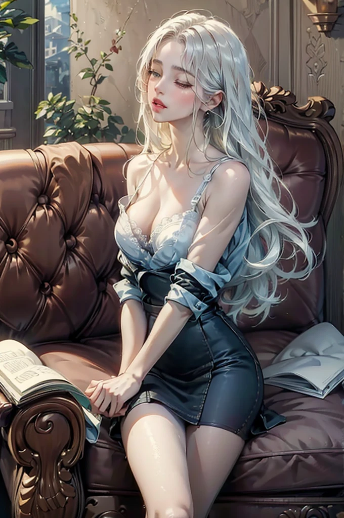 ((Best quality)), ((masterpiece)), (detailed), ((perfect face)), ((halfbody)) 1 boy white hair sitting on a sofa shirtless wearing jeans kissing 1 girl sitting on his lap with long black hair wearing a bra and mini skirt eyes closed, kissing, lustful 