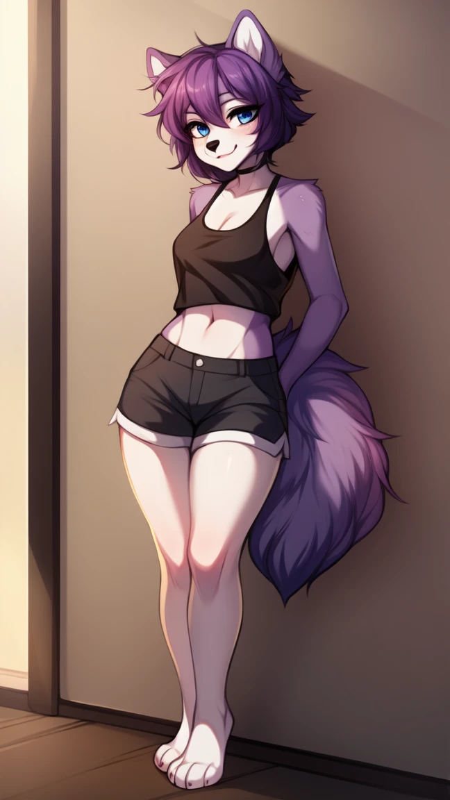 Solo:1.3, by fumiko, by hyattlen, by claweddrip, a purple anthro furry squirrel girl, purple furry body, short violet hair, purple flufffy squirrel ears, cute snout, black nose, blue eyes, wearing black shorts, black tank top, barefoot, 4 toes, no background, no tail, back against a wall, front view, standing