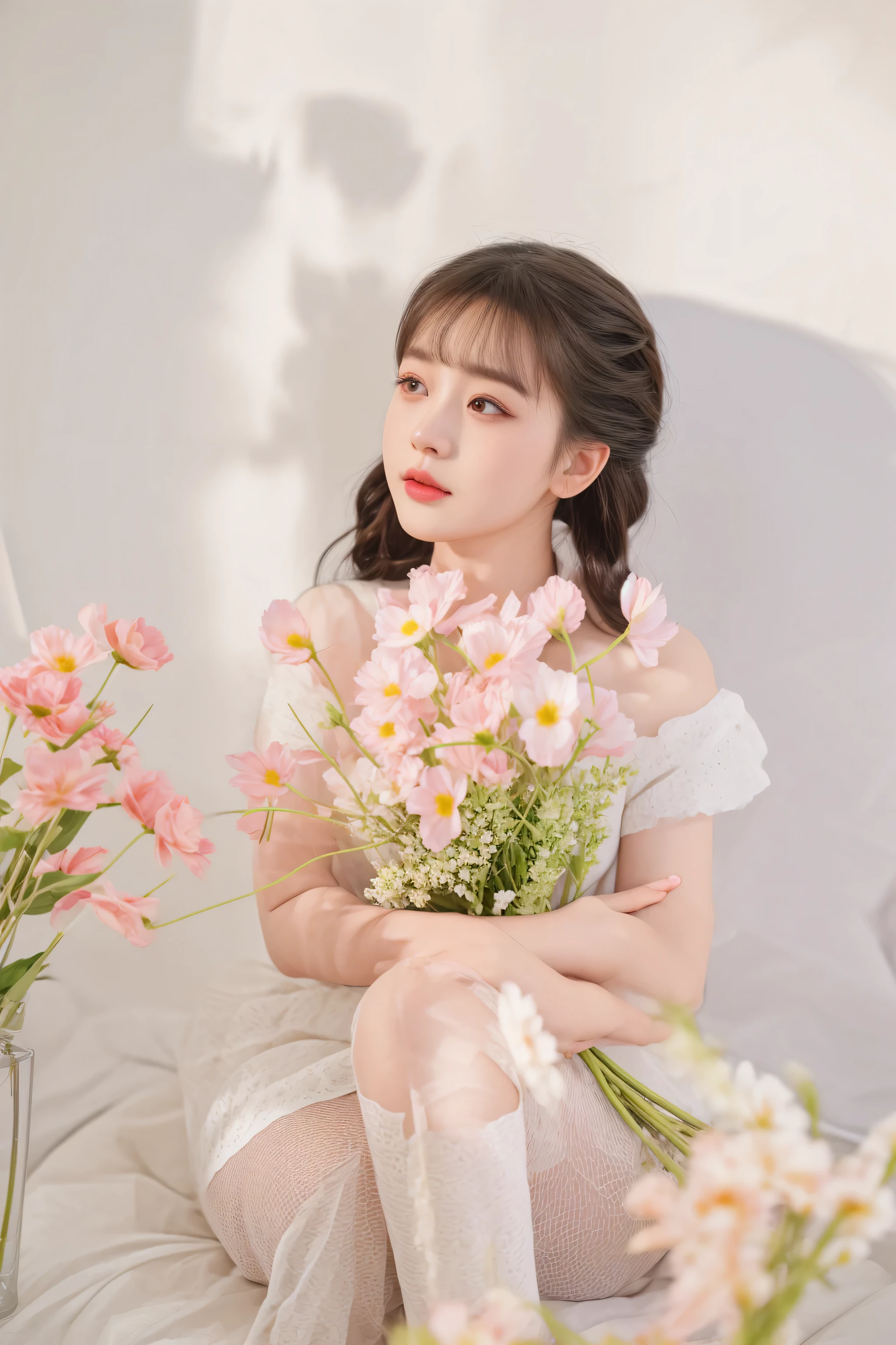 there is a woman sitting on a bed with a bouquet of flowers, with flowers, ulzzang, Chiho, dilraba dilmurat, sitting with flowers, Ghost Festival, sakimi chan, sakimichan, spring day, Belle Delphine, Yoshitomo Nara, holding flowers