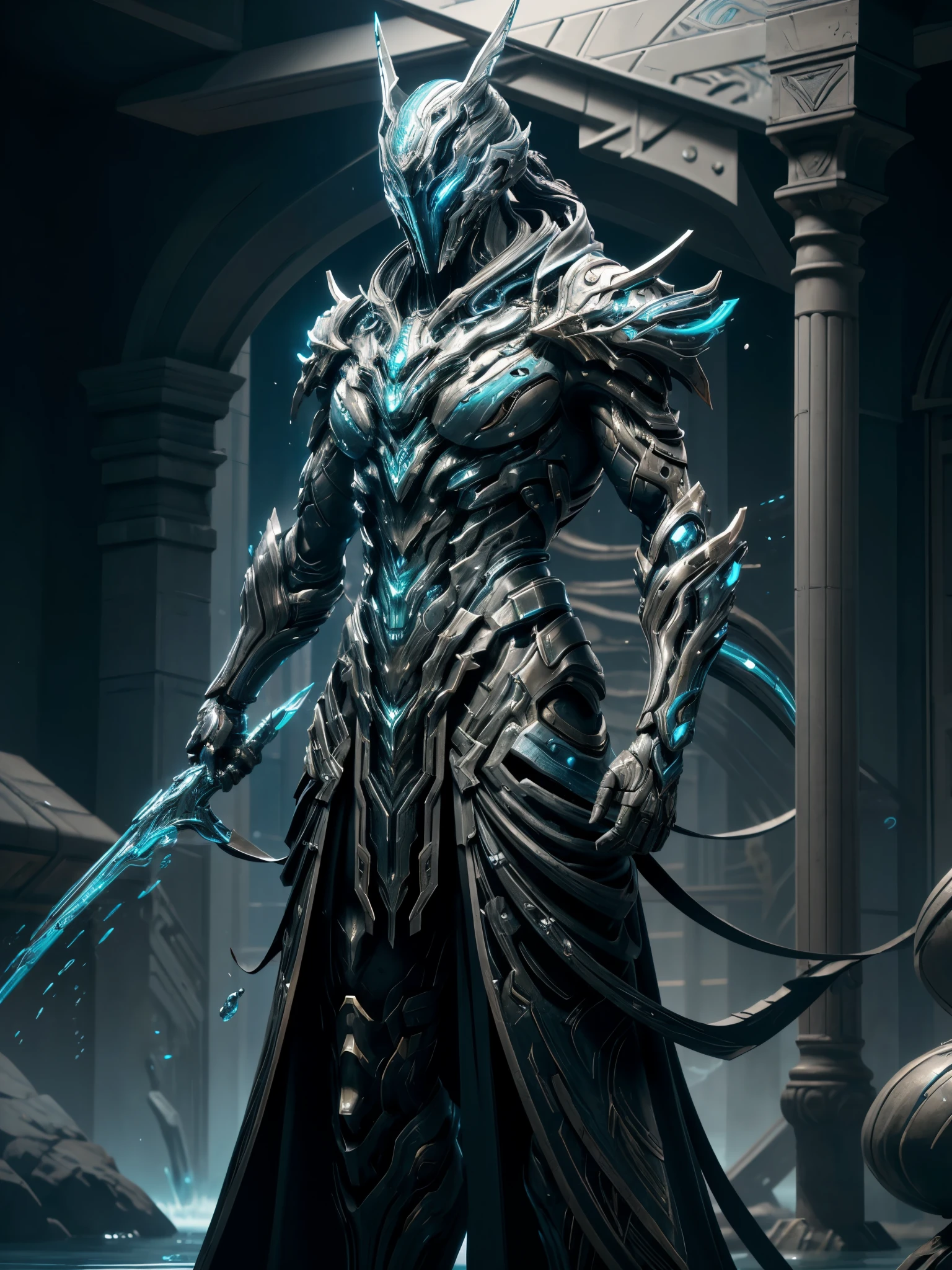 Photography of a cybernetic warrior with water-inspired enhancements in a Warframe character design. The warrior's futuristic armor features intricate details and patterns that evoke the fluidity and grace of water elements, creating a visually captivating and dynamic character portrayal. Against a backdrop of digital landscapes and high-tech environments, the cybernetic warrior exudes power and agility, embodying the adaptability and strength of water in a futuristic combat setting. The composition showcases the intricate design elements of the warrior's aquatic-inspired enhancements and the seamless integration of natural motifs