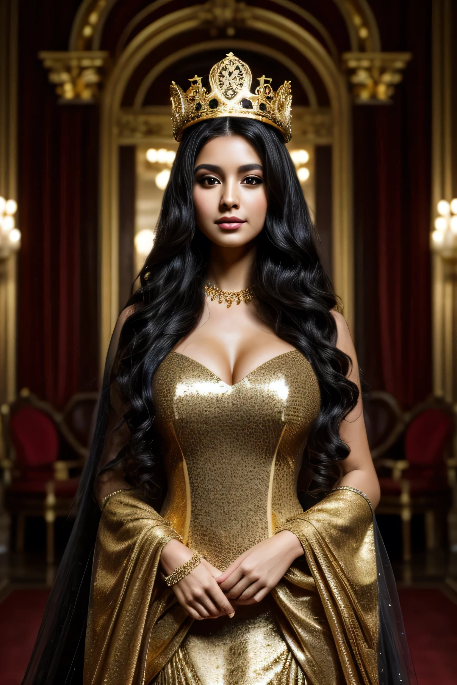 woman, long curly black hair, wearing long detailed princess dress with gold edges, large golden crown, full body, large bust, looking at camera, elegant large salon background, photorealistic