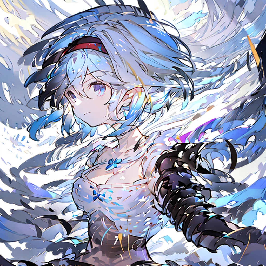 Djeeta 　Pure white background　Blue Hair　Black headband　Facing forward　looks strong　Black Armor　Cleavage is coming out　I have a protruding belly