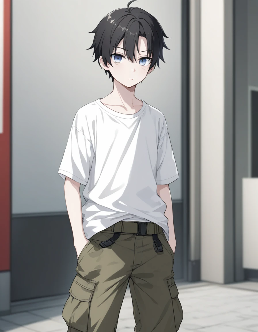 a boy, adolescent, blackquality hair, eyes black, wearing cargo pants, white undershirt, white-skinned, in Japan