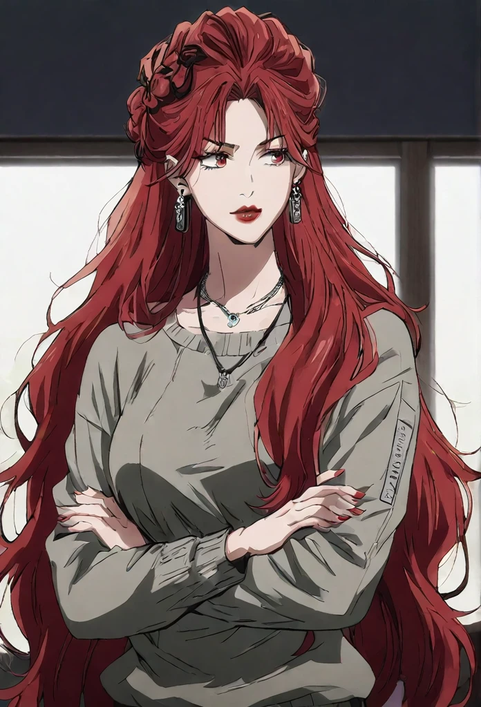1girl, female gojo satoru, anime screencap from jujutsu kaisen, gojo satoru female version, solo, very long_hair, red eyes ((red_hair)), night view, breasts, upper_body, smile, indoors, book, bangs, red_eyes, lips, ((her hairstyle : The character in the image has long straight red hair)) wearing sweater, breast, "very detailed and high resolution" (red eyes) ((cross arms))  ((very long hair)) ((solo)) Earings, lipstick, necklace 