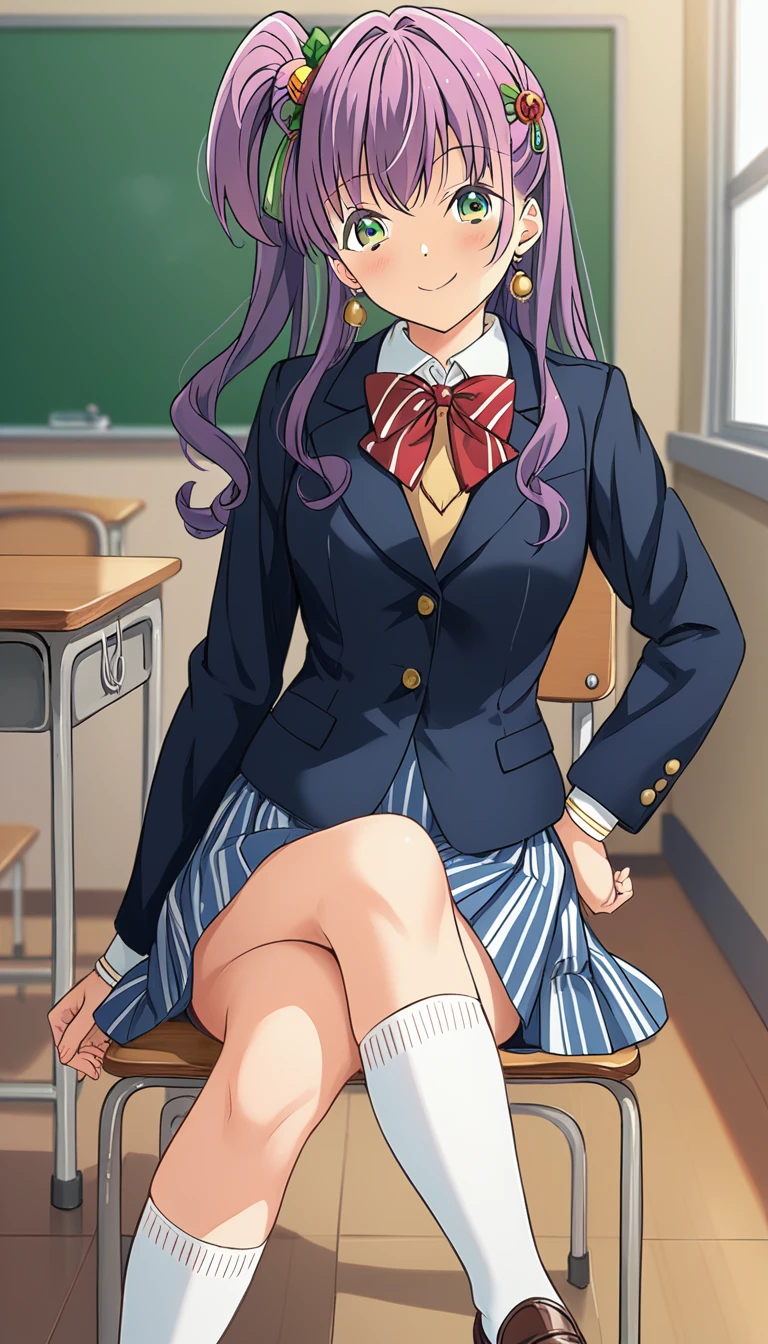 1girl, solo, otomune kozue, one side up, otonokizaka school winter uniform, red striped bow tie, navy blue blazer, blue striped skirt,socks,loafers,closed mouth, sitting on chair, from front, looking at viewer, smile, blush,put hands on hip, classroom, source_anime, score_9, score_8_up, 