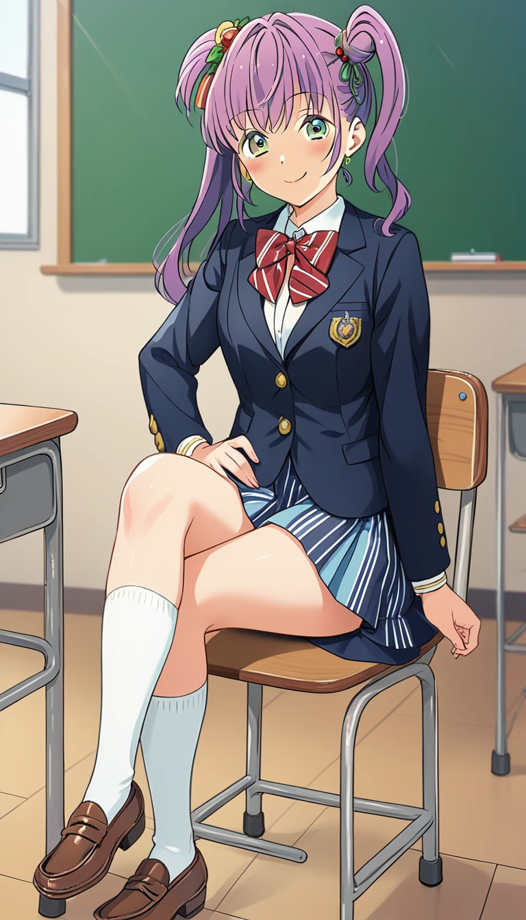 1girl, solo, otomune kozue, one side up, otonokizaka school winter uniform, red striped bow tie, navy blue blazer, blue striped skirt,socks,loafers,closed mouth, sitting on chair, from front, looking at viewer, smile, blush,put hands on hip, classroom, source_anime, score_9, score_8_up, 