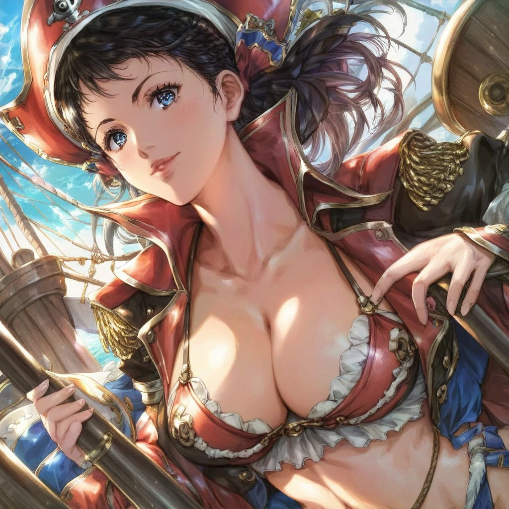 A pretty pirate woman on her pirate ship, wearing skimpy pirate clothes, cleavage, detailed eyes, style anime urushisato, detailed background, bmbplora, babe, semi realistic