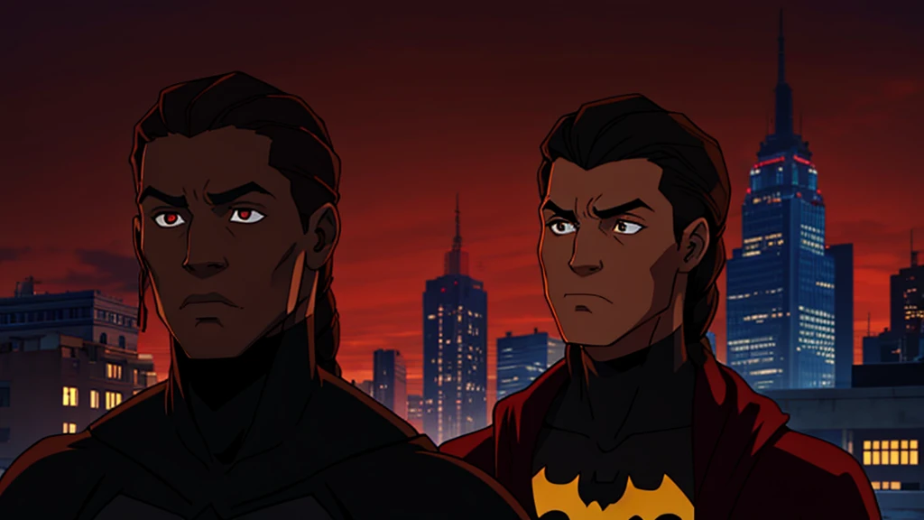 Batman without mask with brown skin color, black dread twist with red at the ends, on top of a building, with red background