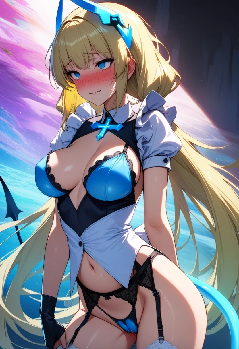 (masterpiece),(Highest quality),(Super detailed),(Best illustrations),(Best Shadow),(Absurd),(Detailed Background),(so beautiful), 16K, 8K,(Best illustrations),(Best Shadow), (so beautiful)angelabalzac, One person, alone, curby, maid, very long hair, , Blonde, blue eyes, , , , Cyan headgear, Low twin tails, empty eyes, blank eyes, , , , , , orgasm, afterglow, erotic smile, pussy, , , , , , Sexy posture, dynamic pose, , cross-eyed, rolling eyes, garter belt, , , , , succubus tail, , , saliva trail, full-face blush, shiny skin, , , orgasm, , , arched back, , torogao, , BREAK, , Dramatic lighting, Psychedelic background, Clear liquid, Oculogyric crisis, night, Star-shaped hair fastening, , Torrent of Light, Fantasy, female masturbation,