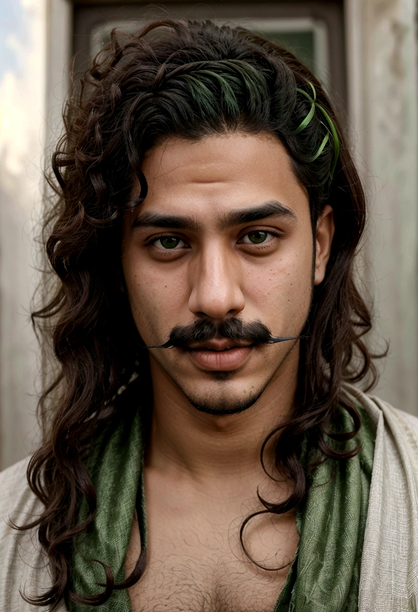 young arab man, curly hair in low taper with a goatee and a mustache green eyes