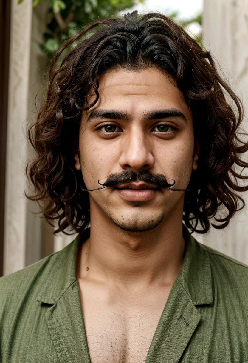 young arab man, curly hair in low taper with a goatee and a mustache green eyes