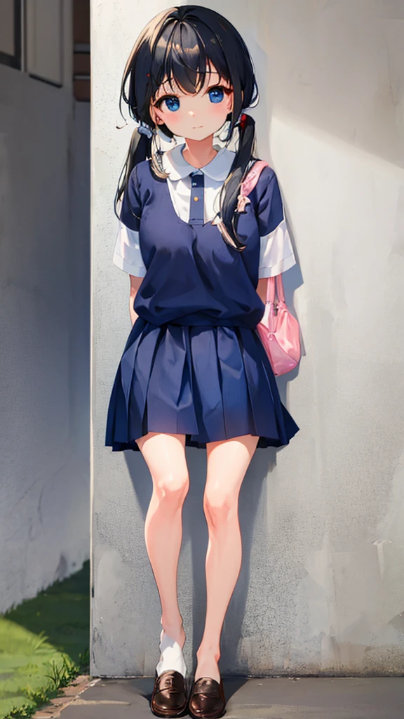 A girl with blue eyes and hair in pigtails with soft yellow color with the tips of the hair subtly with red color, school mini skirt, , bright Eyes, Beautiful smile, sitting at a desk with legs crossed, camera perspective from below, A girl, cute feet, beautiful legs, Details HD, super detailed, white skin color with blushing cheeks, shirtless, with white bra, large measures, big breasts