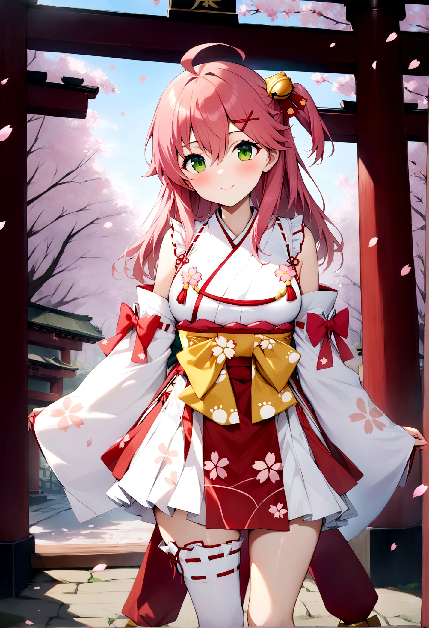 ((masterpiece,Highest quality)),One girl, cherry blossoms, Day, flower, kimono, View your viewers, Recall, Outdoor, Are standing, torii, wood, Miko 1, sakura miko, Green Eyes, alone, Ahoge, X Hair Ornament, Pink Hair, Single knee socks, Side bust, Hair Clip, Hair Bell, flower柄プリント, Long Hair, Hair between the eyes, One side up, White knee socks, Asymmetrical legwear, Wide sleeves