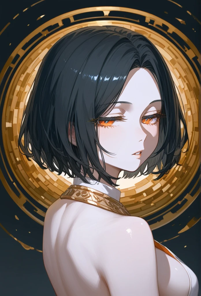 masterpiece, Score_9, Score_8_up, Score_7_up, rear view, 1 woman, alone, dark black hair, very short hair, long parted bangs, gold and orange eyes, half-closed eyes, parted lips, expressionless, pale skin, large breasts, top body,
long open bangs, with a mole under the mouth, cut style (boy), No bangs.