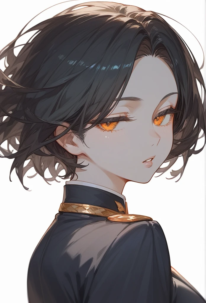 
masterpiece, Score_9, Score_8_up, Score_7_up, rear view, 1 woman, alone, dark black hair, very short hair, long parted bangs, gold and orange eyes, half-closed eyes, parted lips, expressionless, pale skin, large breasts, top body,
 long open bangs, with a mole under the mouth, cut style (boy), No bangs.