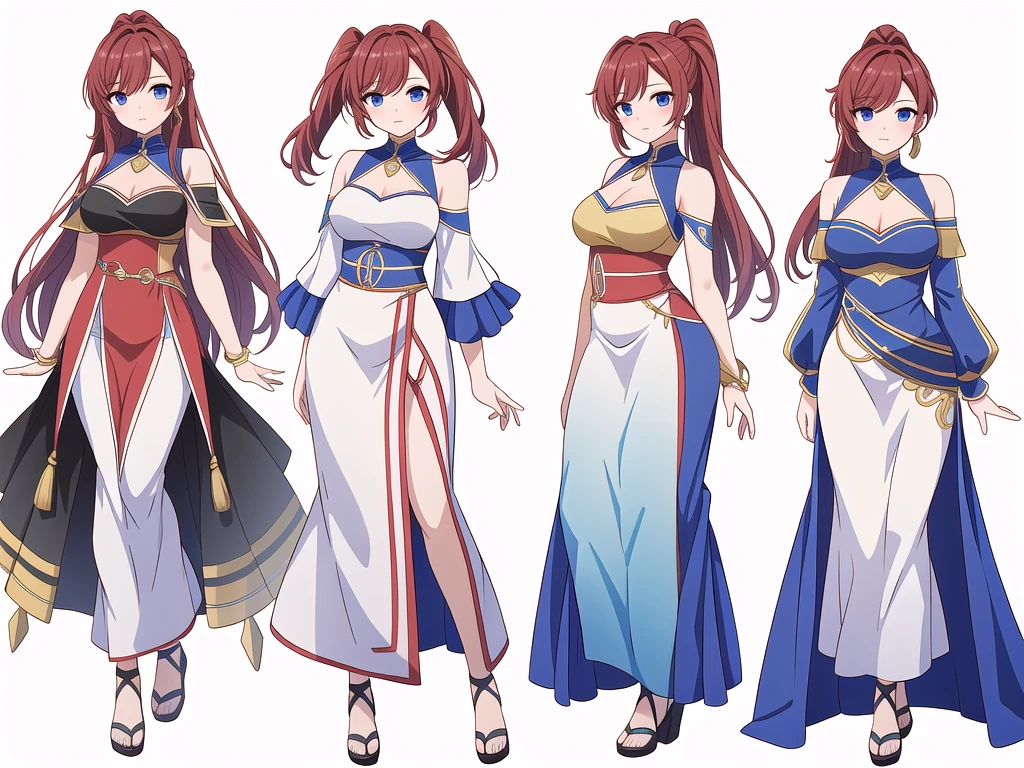 (((Best Quality))) , ((full body)), 4 lady, adult woman, multiple views, (((white background,))) variety of hairstyles, variety of fashion styles, bare shoulder, arm pits,