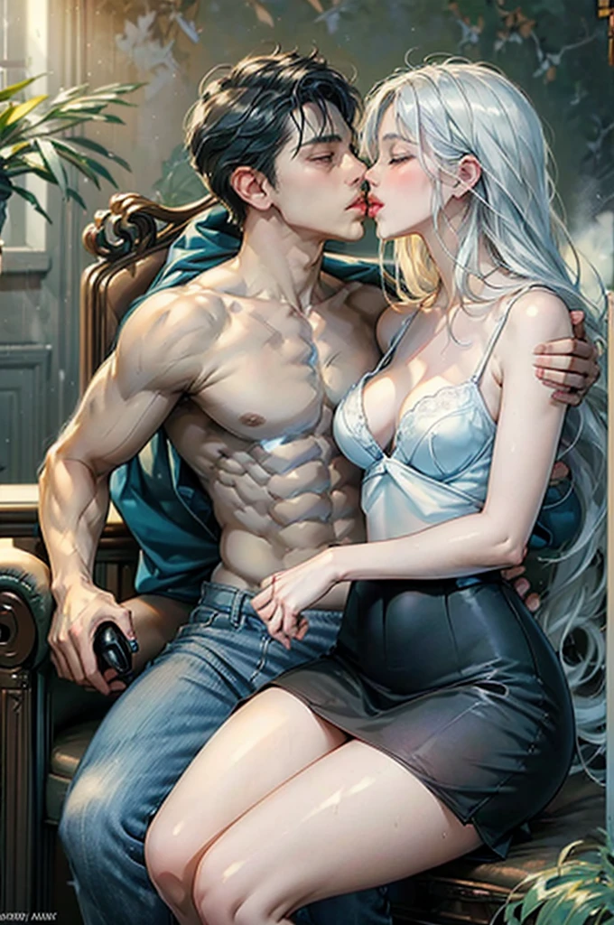 ((Best quality)), ((masterpiece)), (detailed), ((perfect face)), ((halfbody)) 1 boy with white hair sitting on a sofa shirtless wearing jeans kissing 1 girl sitting on his lap with long black hair wearing a bra and mini skirt eyes closed, kissing, lustful atmosphere