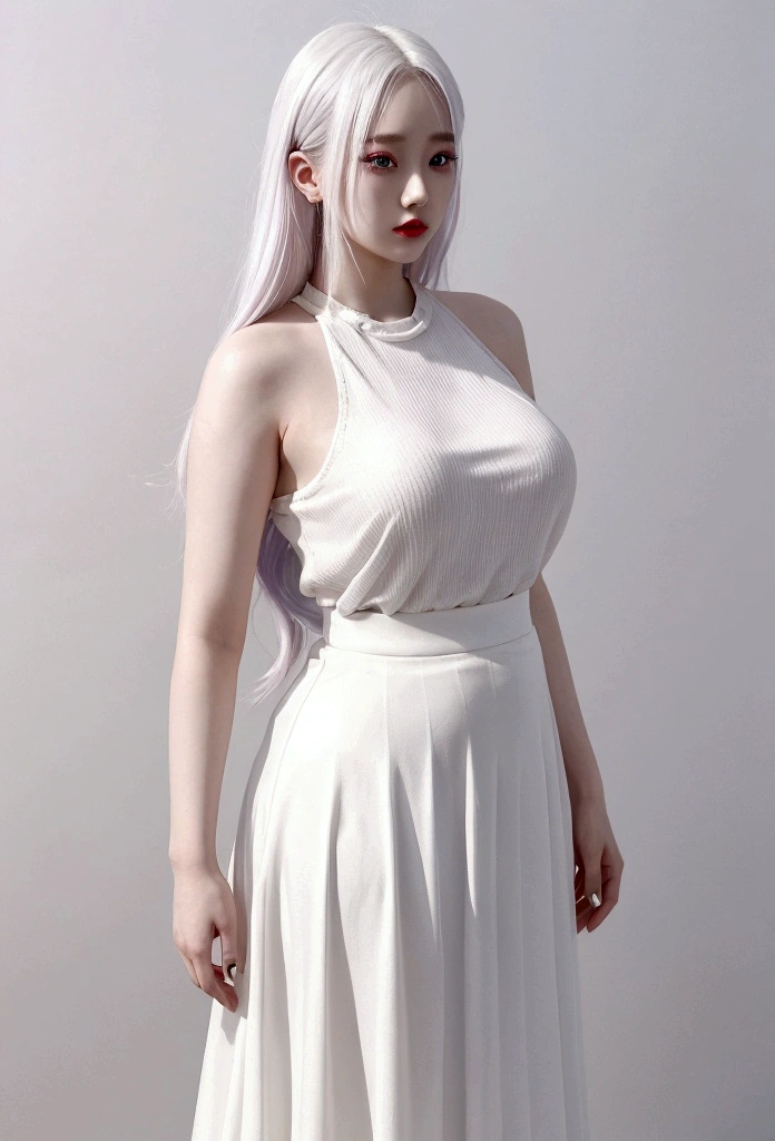 Female 22 years old,Rainbow Hair, Pale skin, cosmetic, White hair, White long skirt, plump