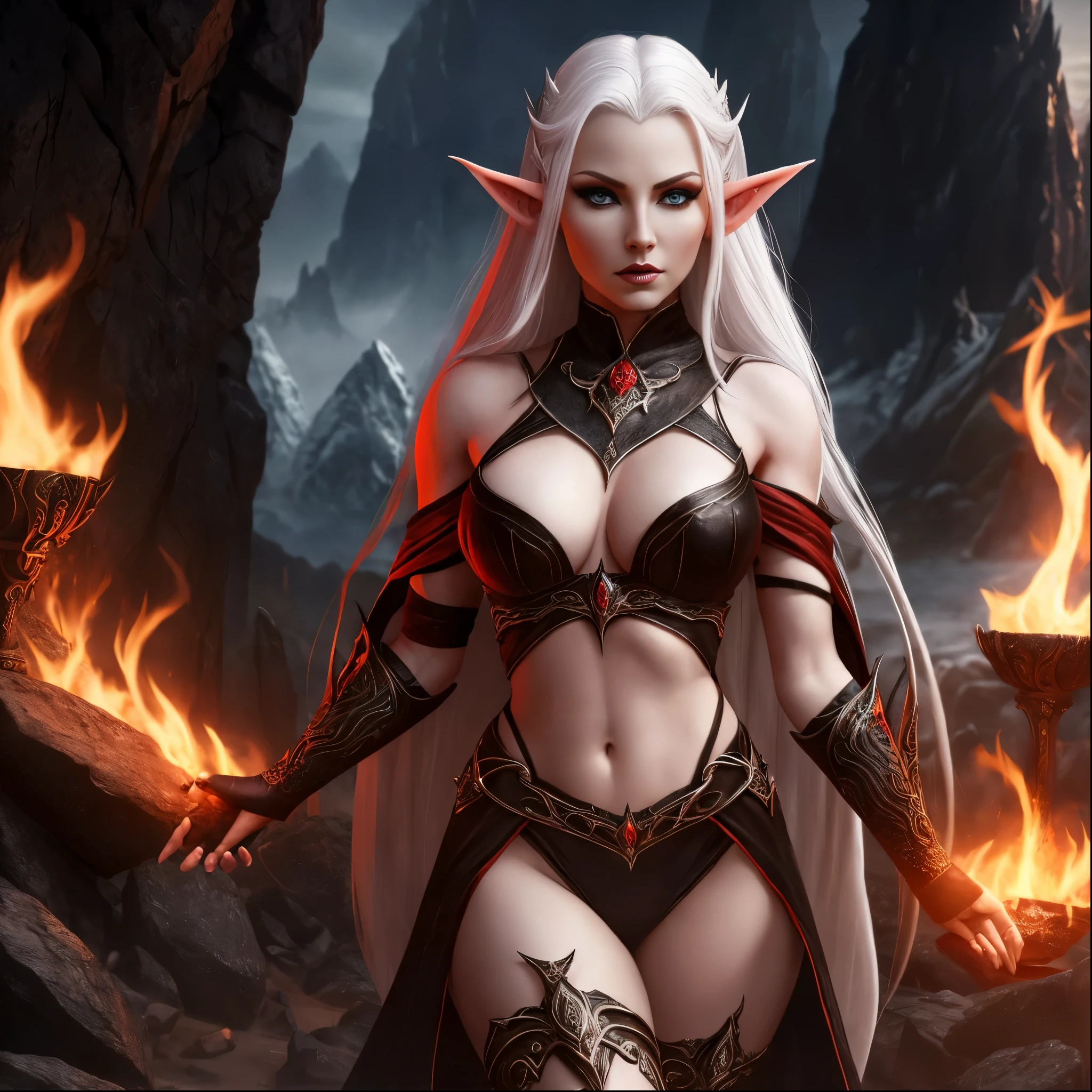 Fantasy Female sorceress, icy white hair, nordic, pink skin