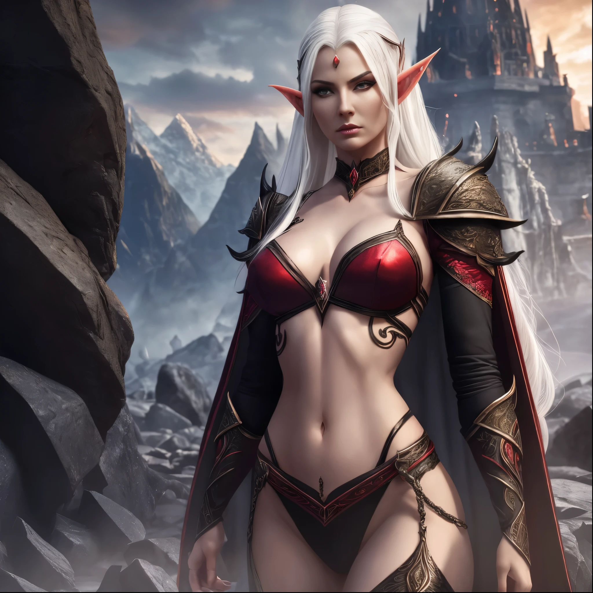 hellish elf woman, sensuous, skin fair, natta, tenebrosa, Linda, white hair, Eyes red, black leagwear, sheen, hyper realist, conceptual artwork, Mediovale, epic, fancy, princesselise, warrioress, forst, mountainscape, 2.5d cgi