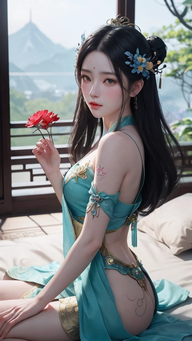 Ancient China woman, above waist，There is a flower tattoo on the bare back，Red and blue-green flowers, on the bed，ukiyo-style, Guviz-style artwork, Guviz, Alphonse mucha and rossdraws, A beautiful artwork illustration, By Li Song, by Yang J, author：Zou Zhe, By Zeng Jing, by Ye Xin, author：Shitao, author：Zhou Fang, korean art nouveau anime