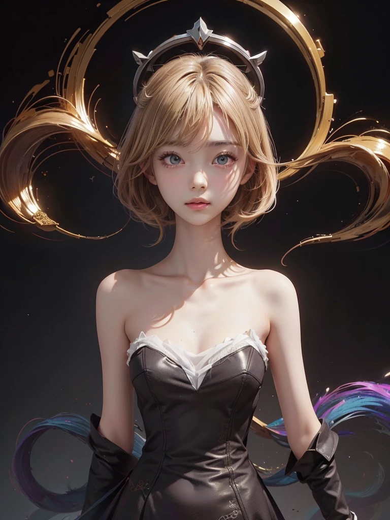 Polychrome, One Girl, night, dark, blonde, Show Viewer, Upper Body, In-person audience, Limited Edition Palette, Black background, Shine,(Highly detailed CG Unity 8k wallpaper),(masterpiece), (Highest quality), (Vaporwave Style), (Super detailed), (Best illustrations),(Best Shadow),Perfect lighting , Perfect Anatomy , Vibrant colors、